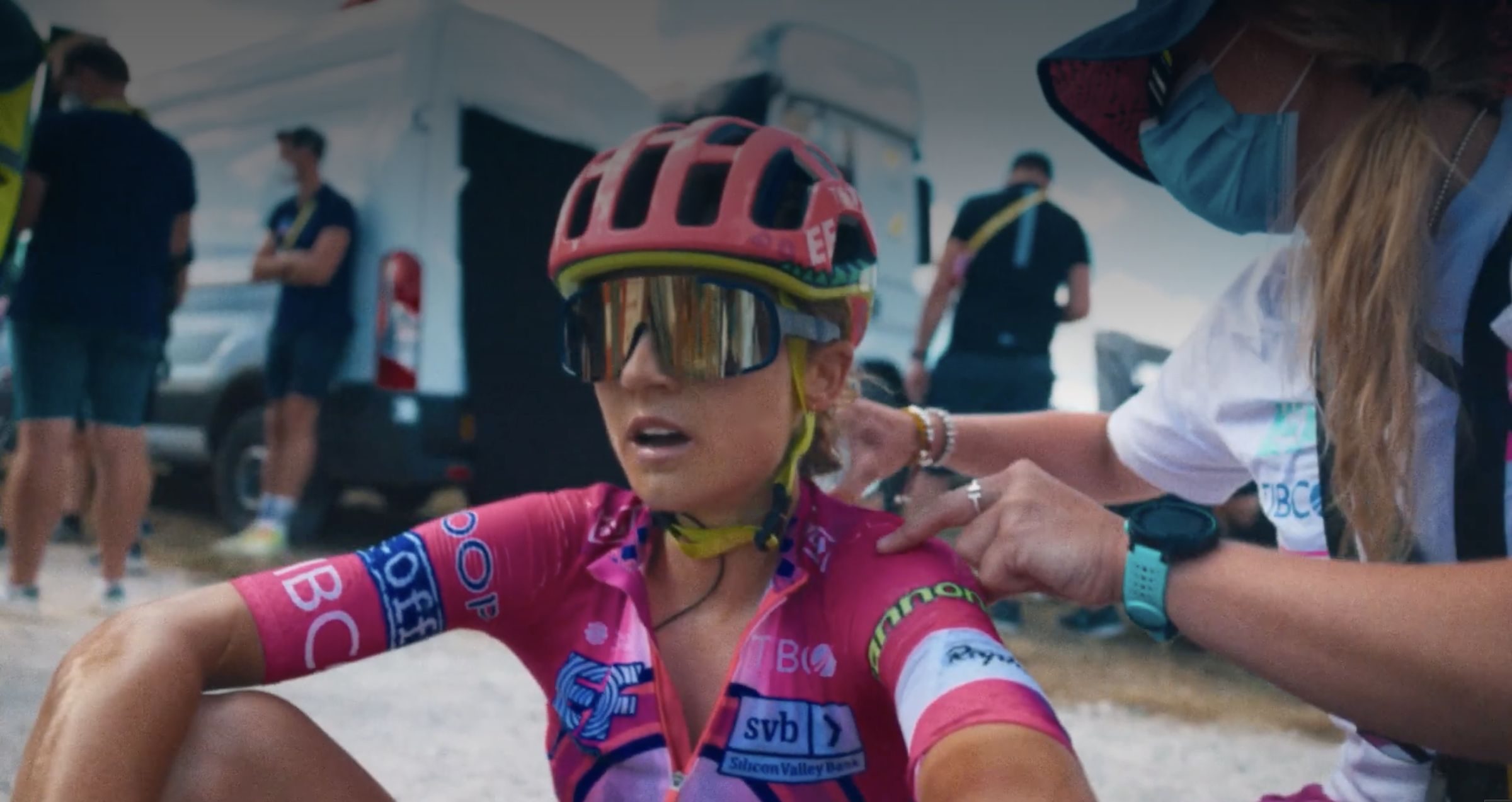 On set: a cyclist between takes